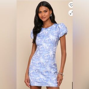 Exceptional Icon Blue Floral Jacquard Puff Sleeve Mini Dress